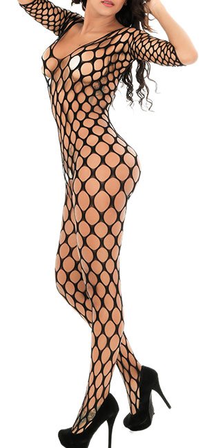 FasiCat Women Bodystocking Fishnet Bodysuit Crotchless Lingerie One Size Black