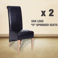 2 X BLACK LEATHER DINING CHAIRS SCROLL BACK OAK LEGS FURNITURE