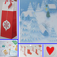 Glittering processing and UV glazing of greeting card, reticule, Christmas arts, packing, etc.