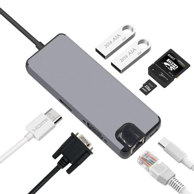 8 in 1 Type C Adapter Hub to 2USB SD Micro SD LAN VGA HDMI Extend PD Charge Dock 1000 Mbps Rj45 OTG 
