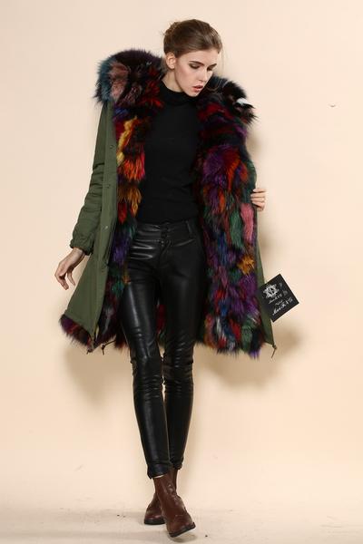 high end fox fur parka with raccoon dog fur collar