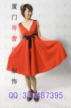 red with silk black belt cocktail / ball / party mini dress / bridesmaid dress 