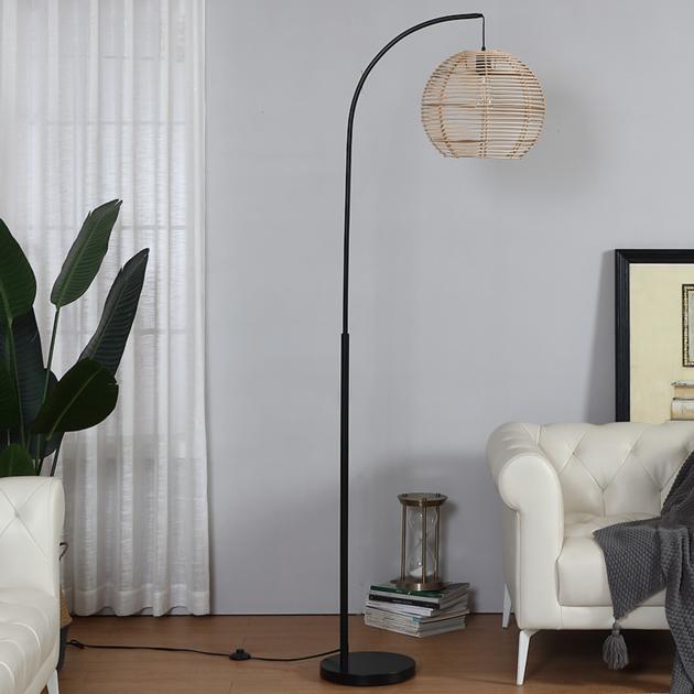 Arc Floor Lamp With Rattan Globe