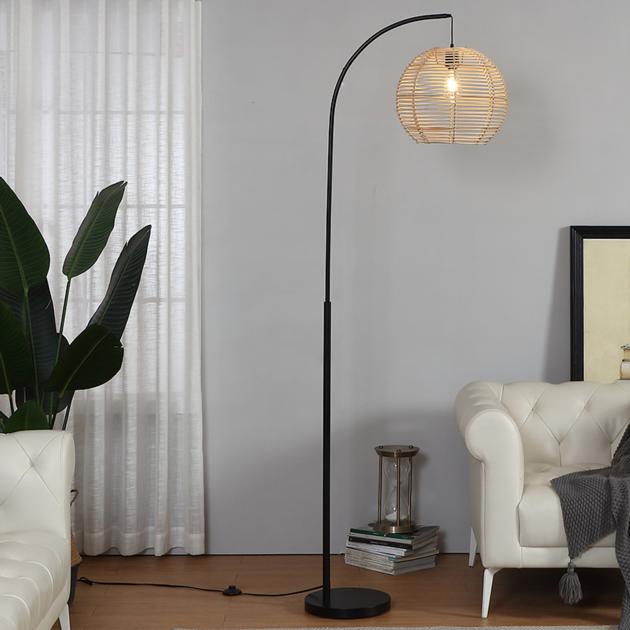 Arc Floor Lamp With Rattan Globe
