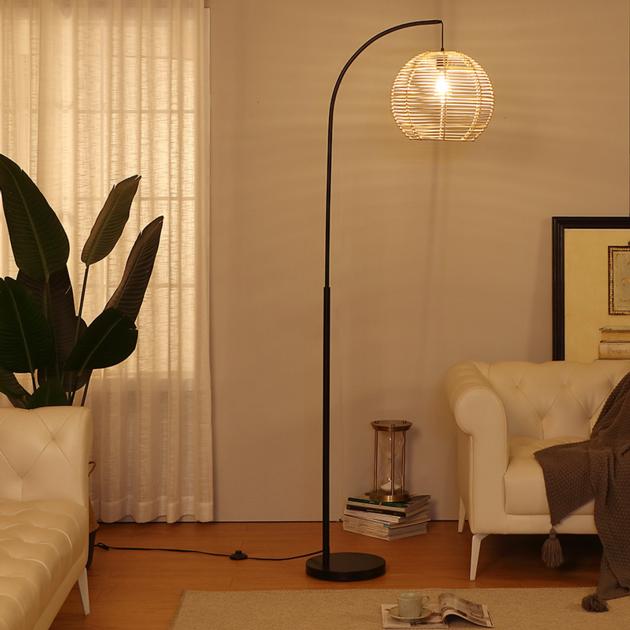 Arc Floor Lamp With Rattan Globe