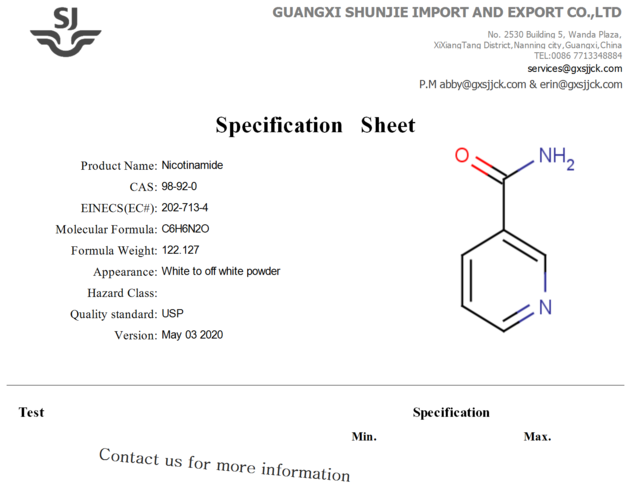 High purity Nicotinamide powder cas no. 98-92-0 MF C6H6N2O
