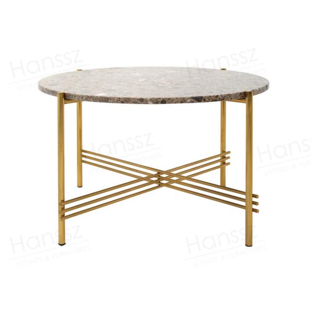 Golden metal frame brown marble top round coffee table