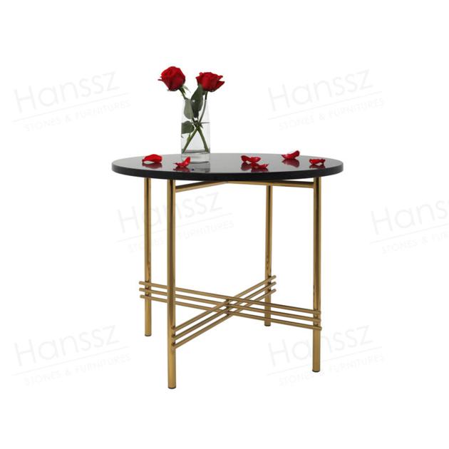 Golden metal frame brown quartz top round coffee table