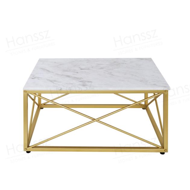 Golden metal frame brown white marble top rectangular coffee table