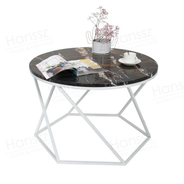 White metal frame golden black marble top round coffee table