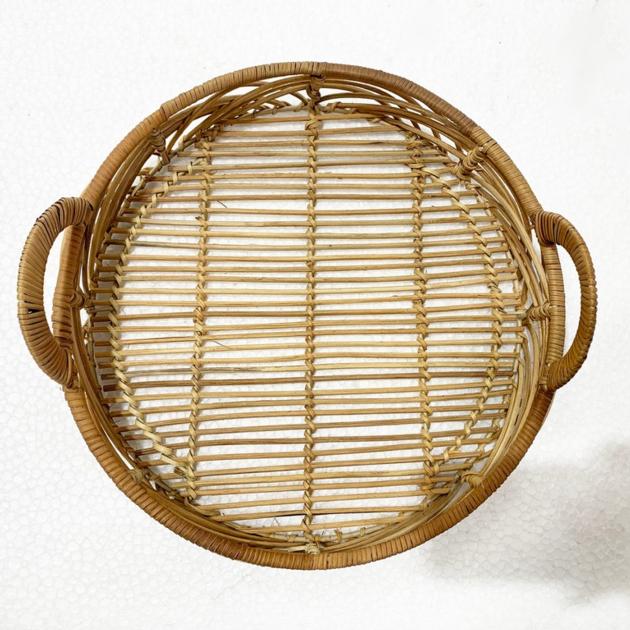 Round Wicker Buff Rattan Woven Storage Tray with Handles Manufactured in Vietnam HP - T025