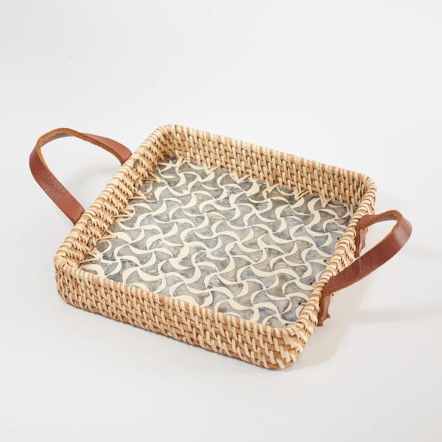 Square Rattan Woven Mosaic Serving Tray with Cowhide Handle Wholesales Made in Vietnam