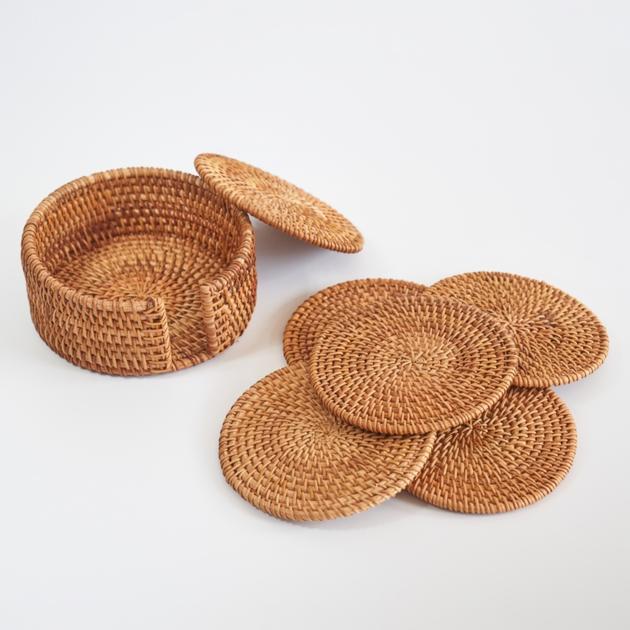 Round Rattan Woven Holder with 6 Coasters Placemats Made in Vietnam 