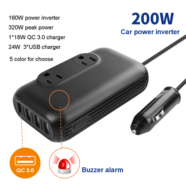 160W car power inverter 18W QC3.0 charger 24W 3*usb sockets 12V 110V 60Hz