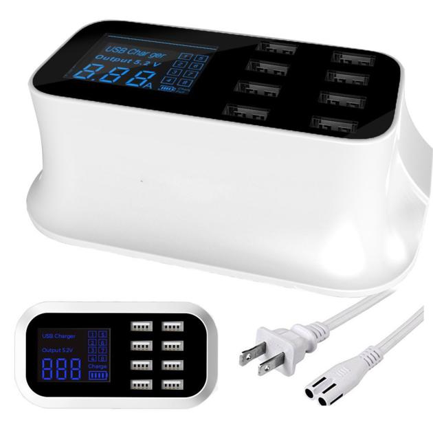 LCD Display 8-Port USB Fast Charger Power Adapter, Desktop Charging Station, Quick Charge with Smart