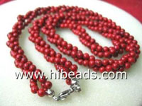 Wholesale red coral necklace 5.5-6mm round coral beads 3 rows