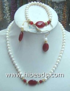 Natural freshwater pearl necklace 7-8mm pearl with red jade
