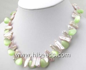 12mm raindrop cats eye gemstone necklace with biwa pearl