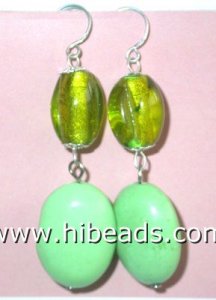 Flat oval turquoise and crystal earrings with silver hooks