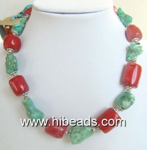 Column red coral with irregular turquoise necklace wholesale
