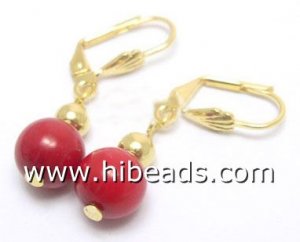 9mm red round coral earring with gold plated hook