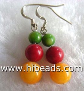 Round green turquoise and coral crystal earrings silver hooks