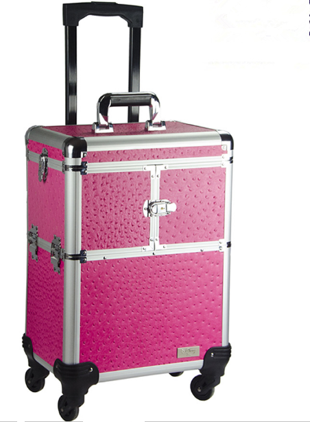 Pink Train Beauty Cosmetic Case/ Expandable Makeup Case with Wheels/ Rolling Aluminum Case Drawers T