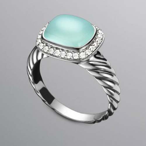 David Yurman Sterling Silver Jewelry 10x8mm Noblese Ring with Aqua Chalcedony Gemstone Women Jewelry