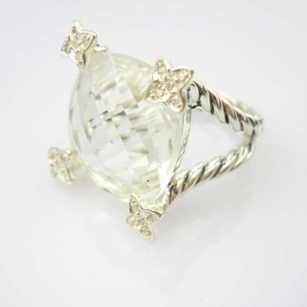 David Yurman Sterling Silver Jewelry 15mm White Topaz Cushion on Point Ring Fashion Jewelry