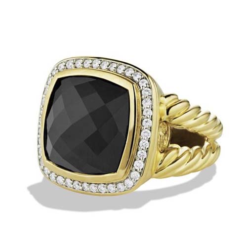 David Yurman 925 Silver 14mm Albion Ring with Black Onyx and Diamonds in Gold Plated Jewelry