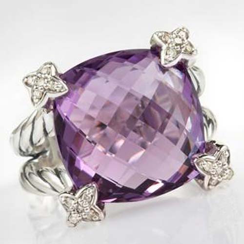 David Yurman Sterling Silver Jewelry 15mm Amethyst Cushion on Point Ring Fashion Jewelry