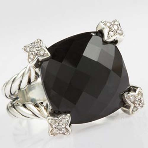 David Yurman Sterling Silver Jewelry 15mm Black Onyx Cushion on Point Ring Diamond Jewelry