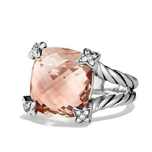 David Yurman Sterling Silver Jewelry 15mm Cushion On Point Ring with Morganite Brand Jewelry