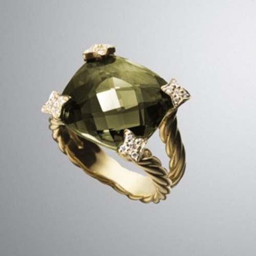 David Yurman Gold Plated Silver Jewelry 15mm Olive Quartz Cushion on Point Ring Brand Jewelry