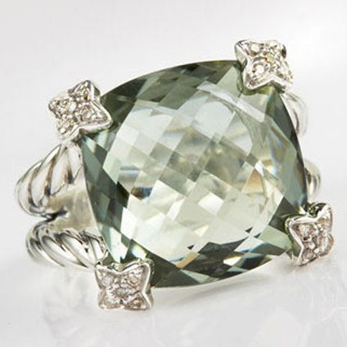 David Yurman Sterling Silver Jewelry 15mm Prasiolite Cushion on Point Ring Women Charm Jewelry