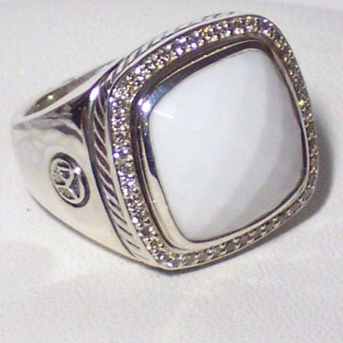David Yurman Sterling Silver Jewelry 15mm White Agate Albion Ring Diamond Fashion Jewelry