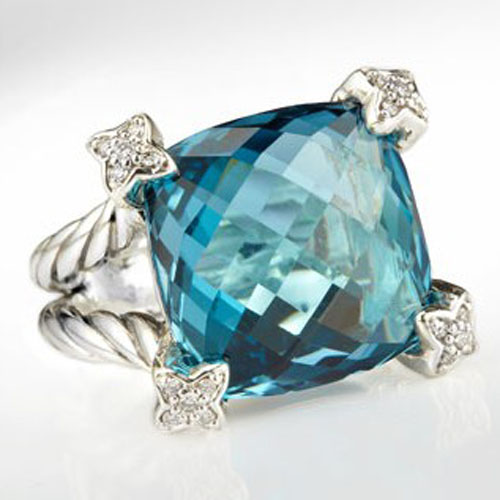 David Yurman Sterling Silver Jewelry 15mm Blue Topaz Cushion on Ponit Ring Fashion Brand Jewelry