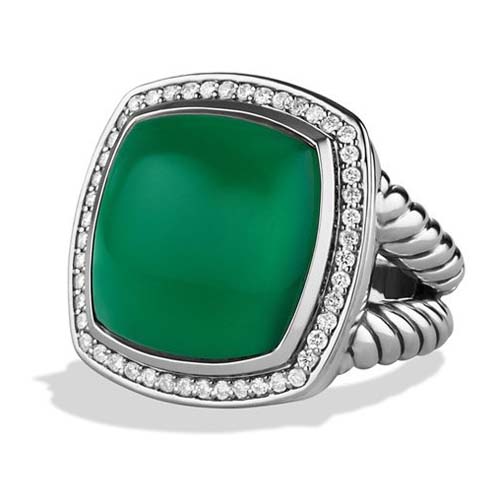 David Yurman 925 Silver Jewelry 17mm Albion Ring with Green Onyx Gemstone Silver Jewellery