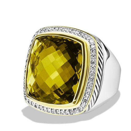 David Yurman Sterling Silver Jewelry 20mm Albion Ring with Olive Quartz in Gold Plated Fashion Ring
