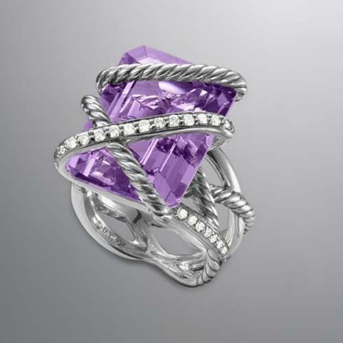 David Yurman Silver Jewelry 20x15mm Cable Wrap Ring with Lavender Amethyst Women Charm Ring