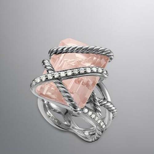 David Yurman Silver Jewelry 20x15mm Rose Quartz Cable Wrap Ring Diamond Ring