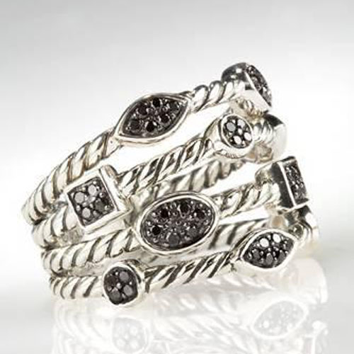 David Yurman Silver Jewelry Pave Black Diamonds Three Row Confetti Ice Ring Fashion Jewelry