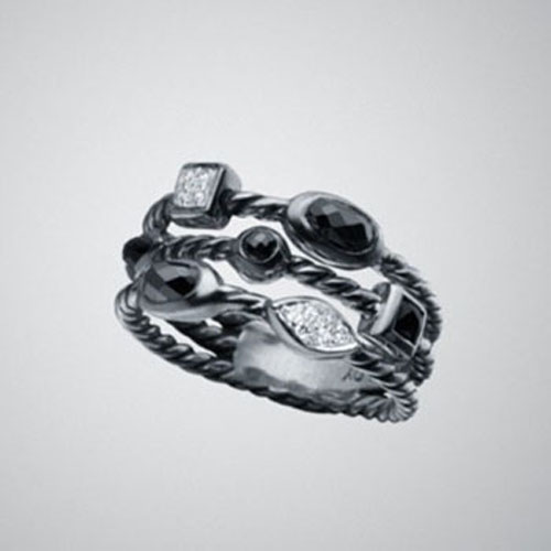 David Yurman Sterling Silver Jewelry Black Onyx Confetti Three-Row Ring Fashion Diamond Jewelry