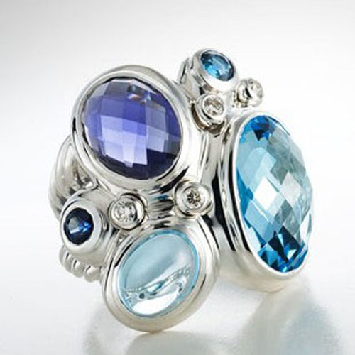 David Yurman Sterling Silver Jewelry Blue Oval Stone Mosaic Ring Diamond Ring