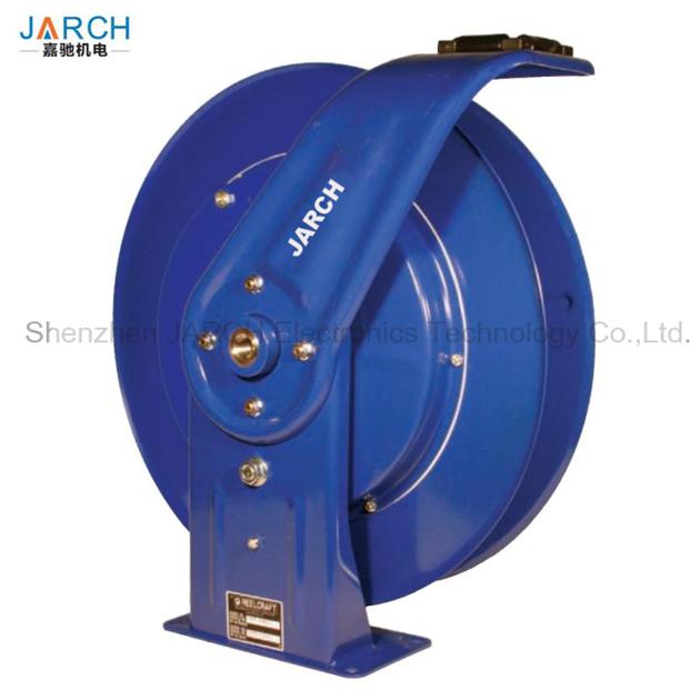 Multi-positional guide arm facilitates ceiling, wall or floor mount Metal Clean Air Hose Reel