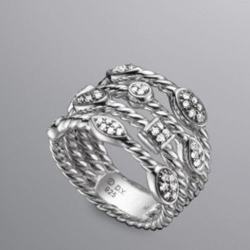 David Yurman Sterling Silver Jewelry Pave Diamonds Three Row Confetti Ice Ring Woemen Jewelry