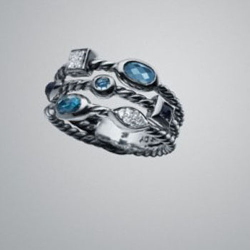 David Yurman Sterling Silver Jewelry Bllue Topaz Confetti Three-Row Ring Women Jewelry