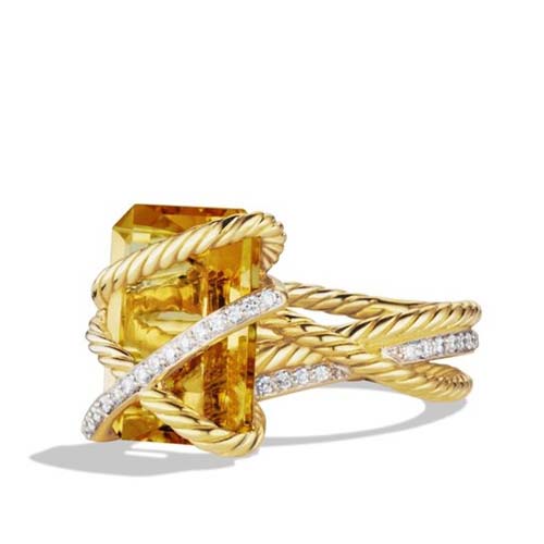 David Yurman Silver Jewelry Cable Wrap Ring with Champagne Citrine in Gold Plated Ring