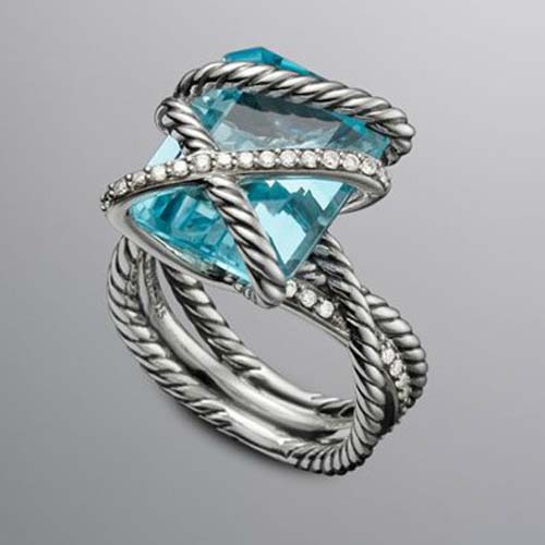 David Yurman Sterlinlg Silver Jewelry 16x12mm Cable Wrap Ring with Blue Topaz Fashion Gemstone Jewel