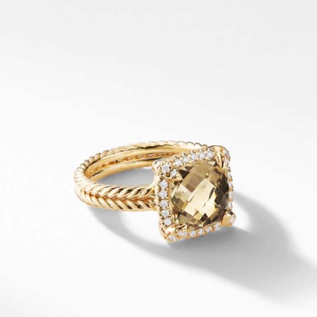 David Yurman Pave Bezel Ring with 9mm Champagne Citrine and Diamonds in 18K Gold
